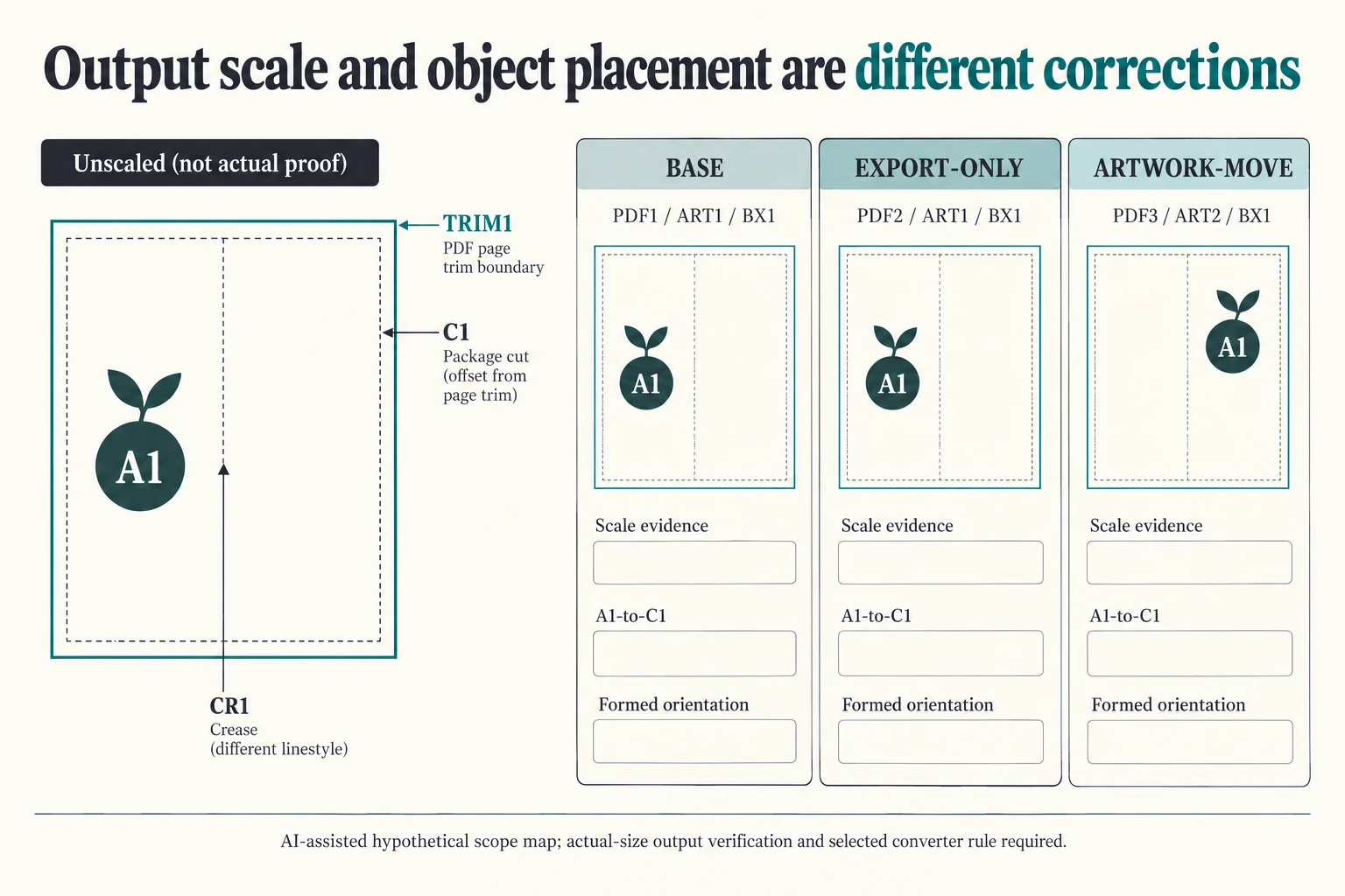 PDF page trim and package cut remain distinct while baseline export-only and artwork-moved configurations retain separate scale and placement evidence