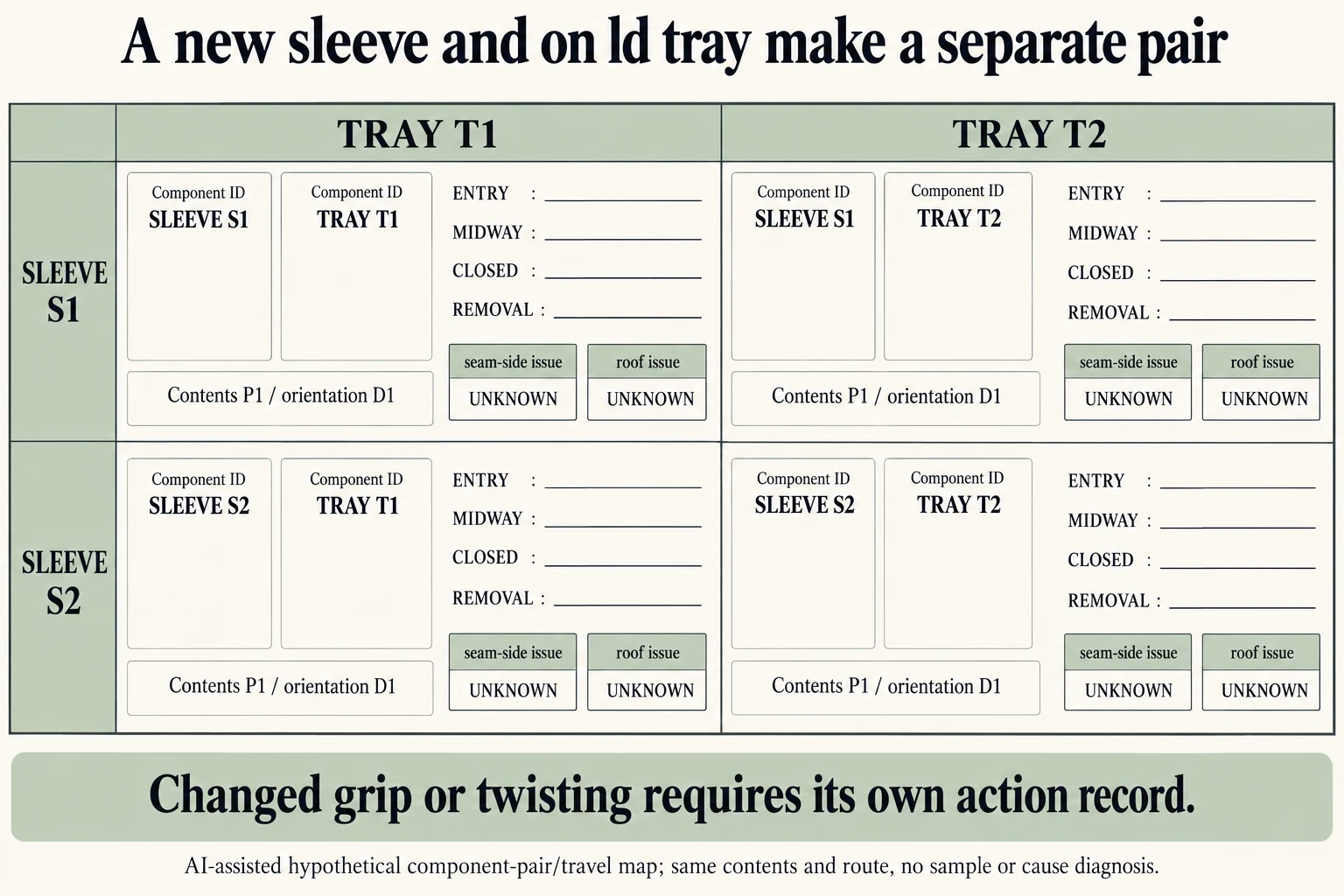 Four sleeve S1 S2 and tray T1 T2 pairings retain the same P1 contents and D1 orientation with separate travel-stage seam and roof records