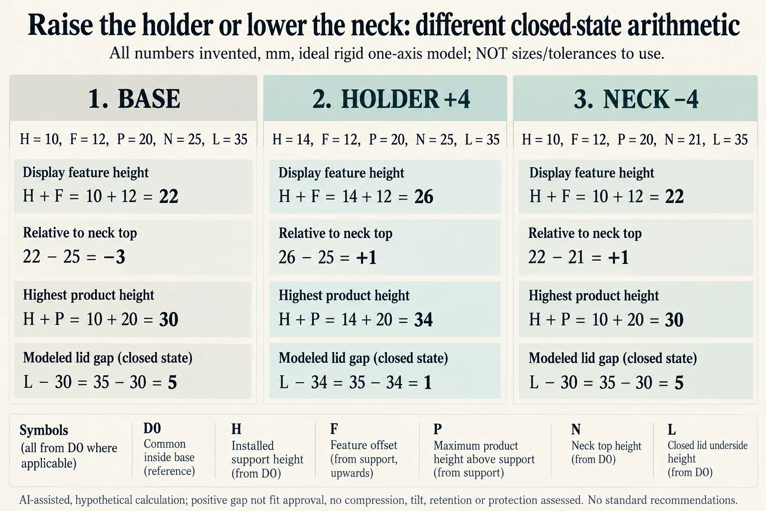 Three explicitly hypothetical equation cards compare base holder raised four and neck lowered four with separate display-relative-to-neck and modeled lid-gap outputs