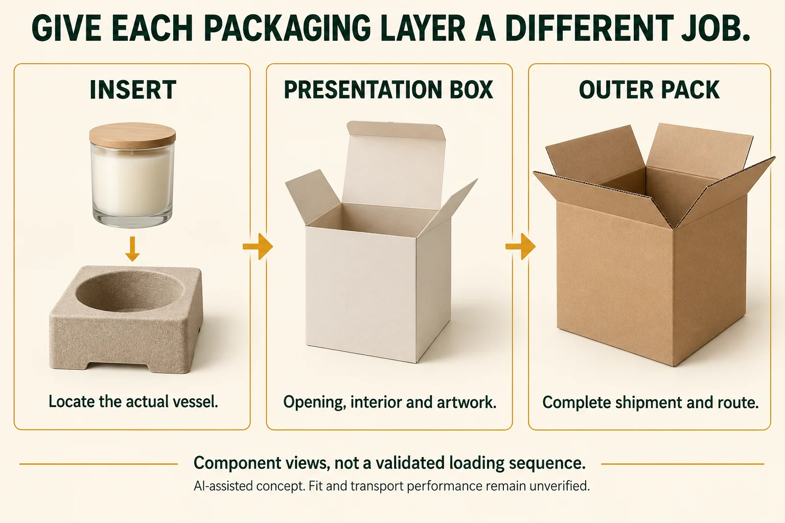 One proposed candle insert, a separate presentation carton and a larger shipping outer shown with their different briefing jobs.