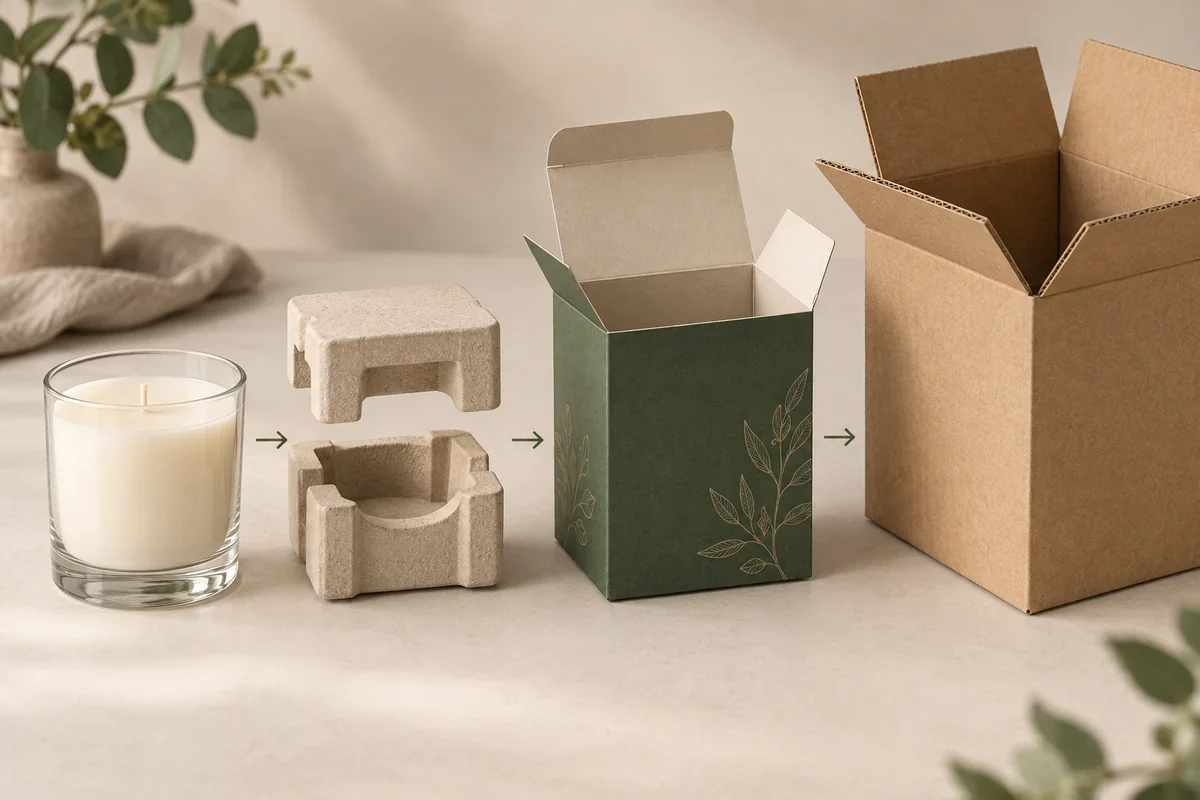 A glass candle, separate upper and lower fiber-support concepts, folding presentation carton and outer shipping carton.
