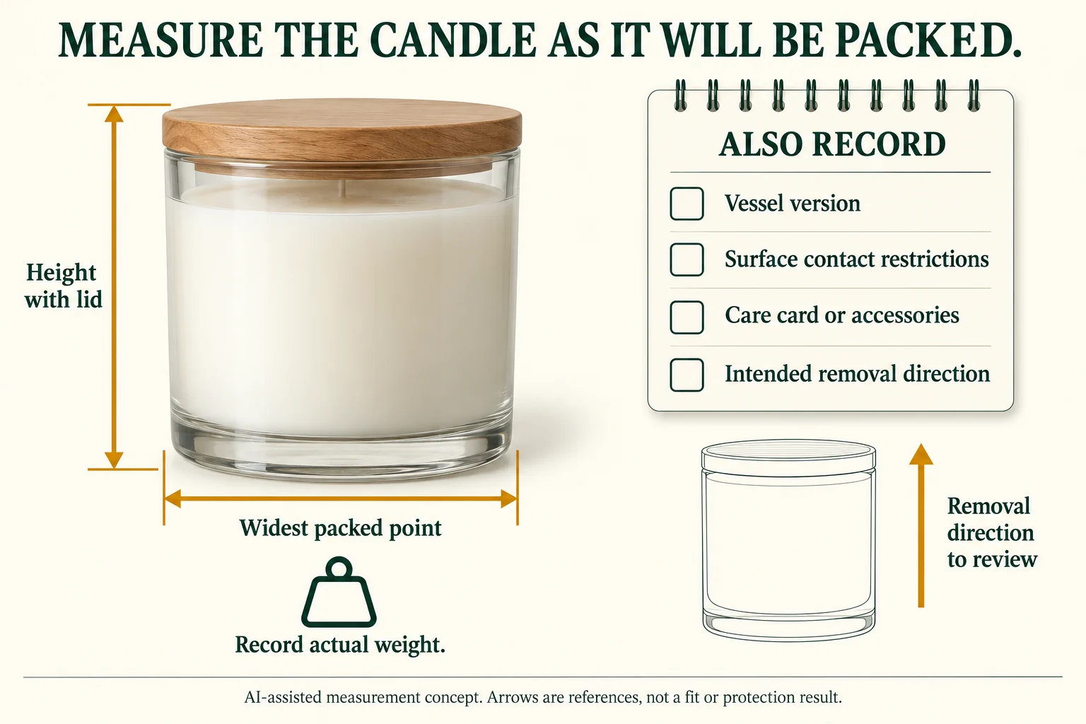 A lidded candle jar with height and widest-point reference arrows, an actual-weight prompt and a separate removal-direction question.