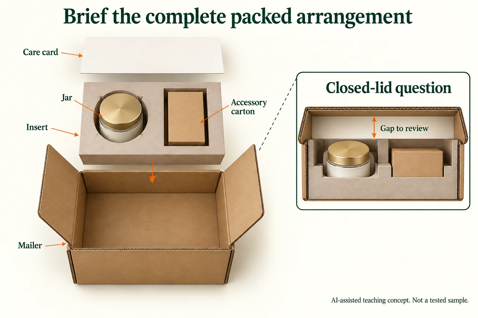 An exploded mailer, two-position insert, jar, accessory carton and separate care card accompany a conceptual closed-lid gap question.