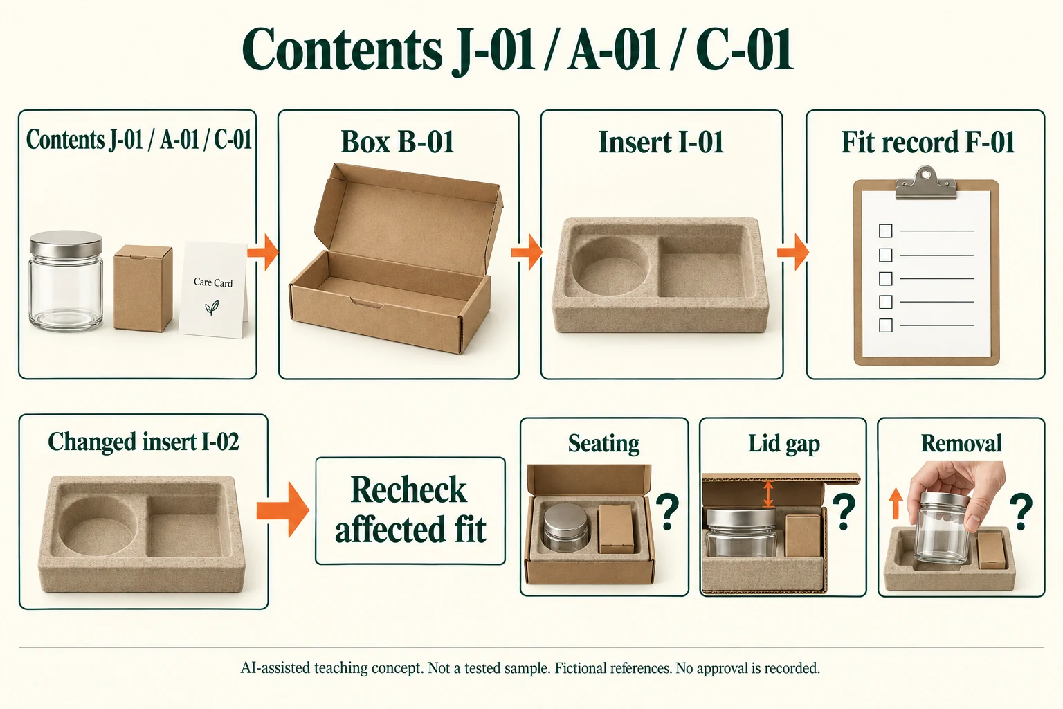 Fictional contents J-01, A-01 and C-01 connect to box B-01, insert I-01 and fit record F-01; changed insert I-02 reopens affected checks.
