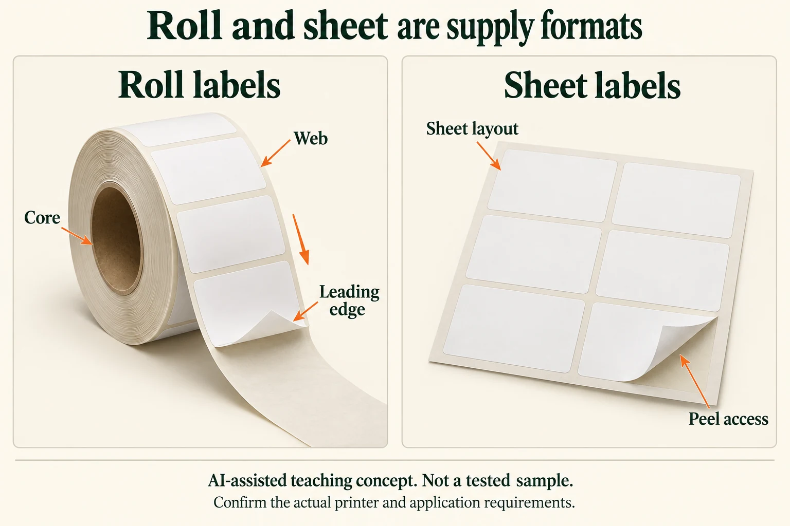 A roll shows core, web and leading label edge; a six-label backing sheet shows layout and peel access.