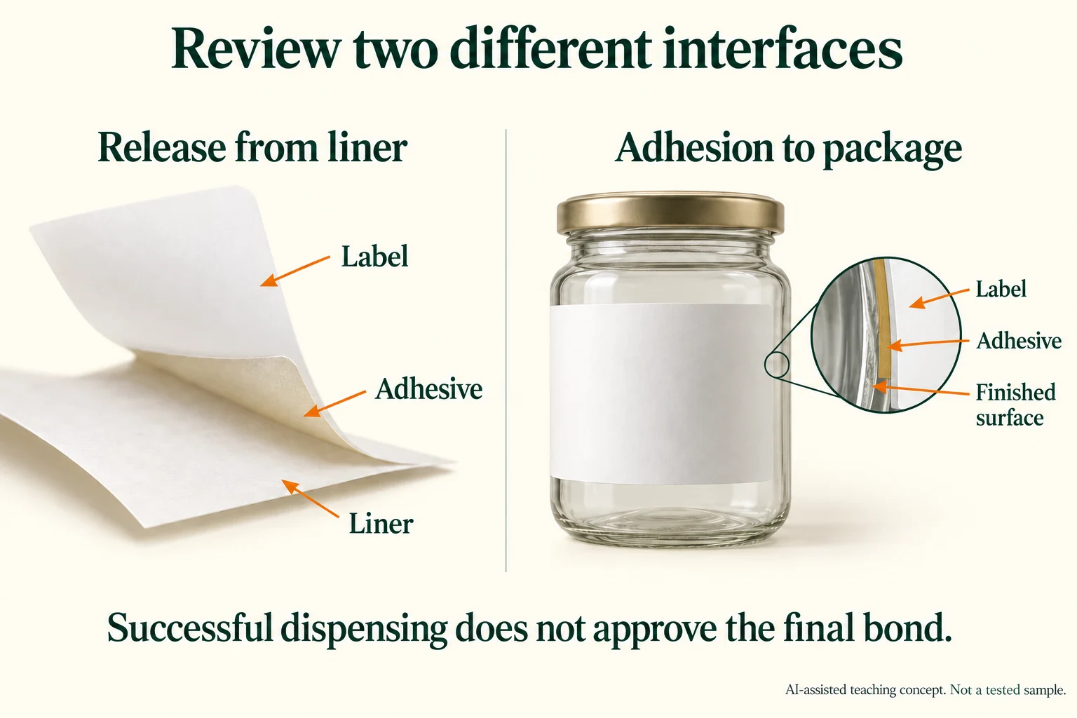 A peeled label separates from its liner; a second schematic locates the adhesive between label face and the finished glass surface.