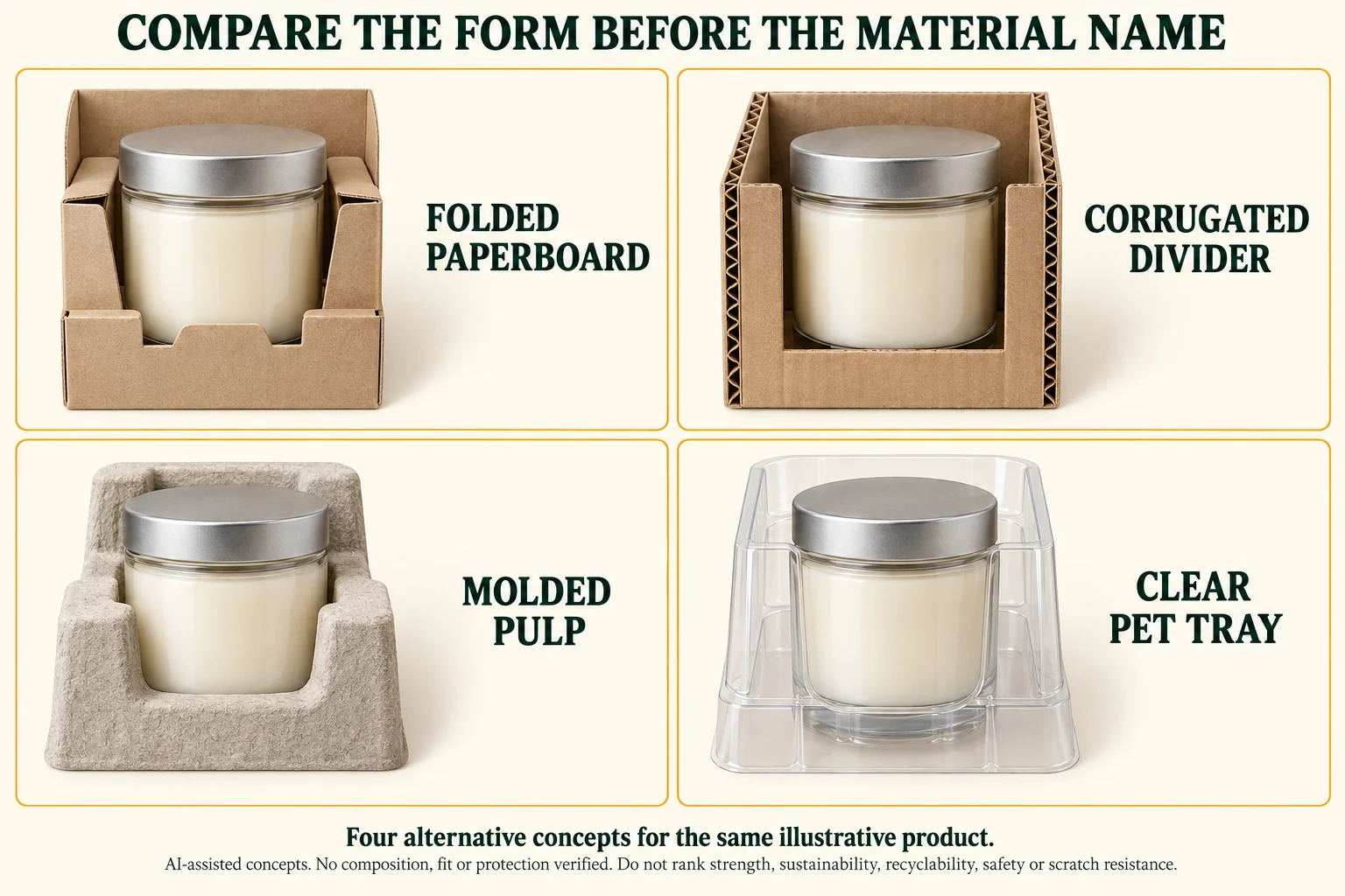 Four alternative proposed holders around a generic lidded jar: folded paperboard, corrugated divider, molded pulp and clear PET tray.