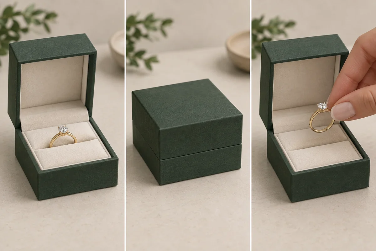 Separate concept views of a ring in a lined box, the closed box and a hand lifting the ring.