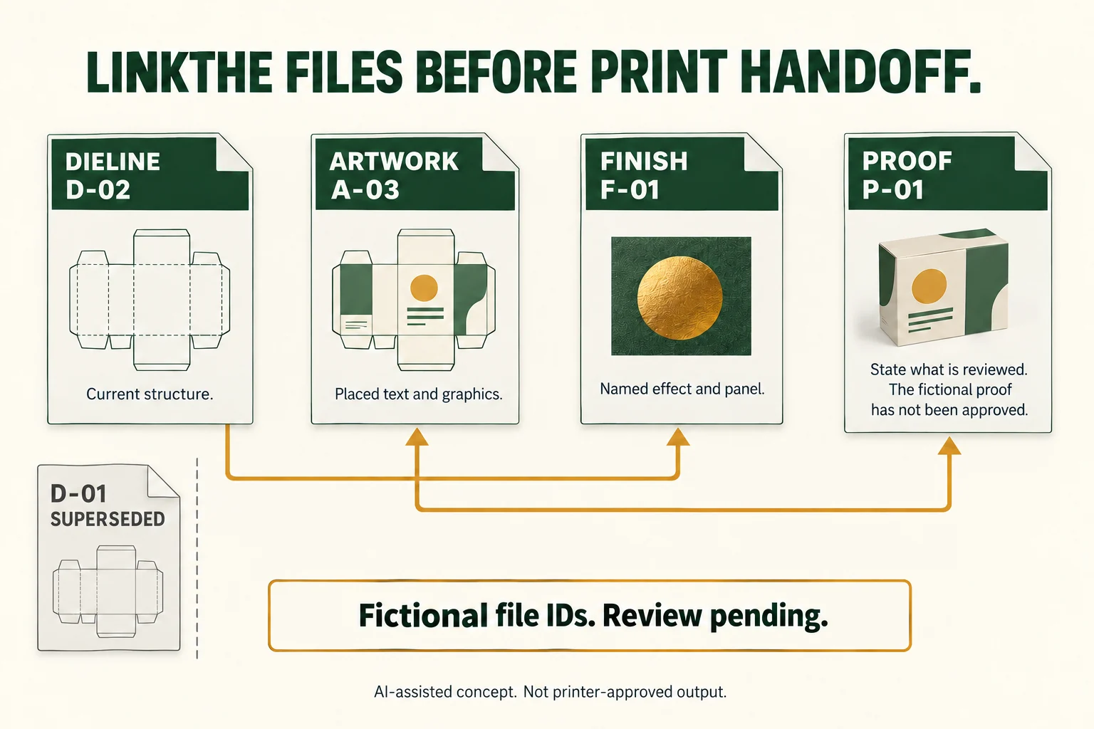 Fictional current dieline D-02, artwork A-03, finish F-01 and proof P-01 linked for review, with D-01 separated as superseded.