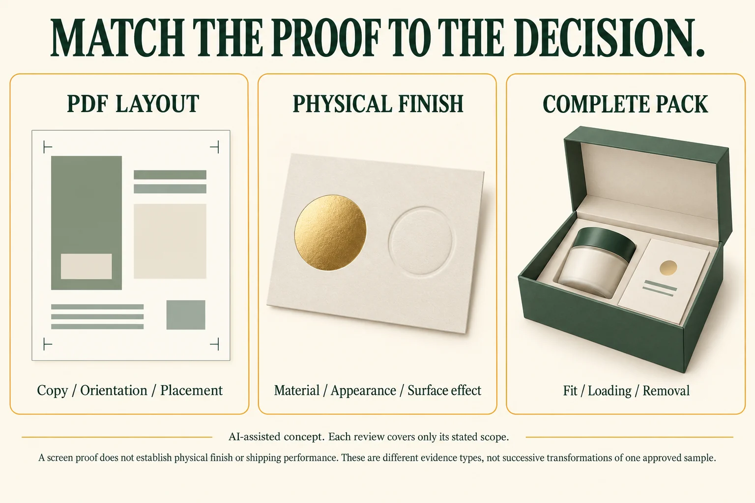 PDF layout, a physical-finish swatch concept and a complete pack-out concept compared as different evidence types.