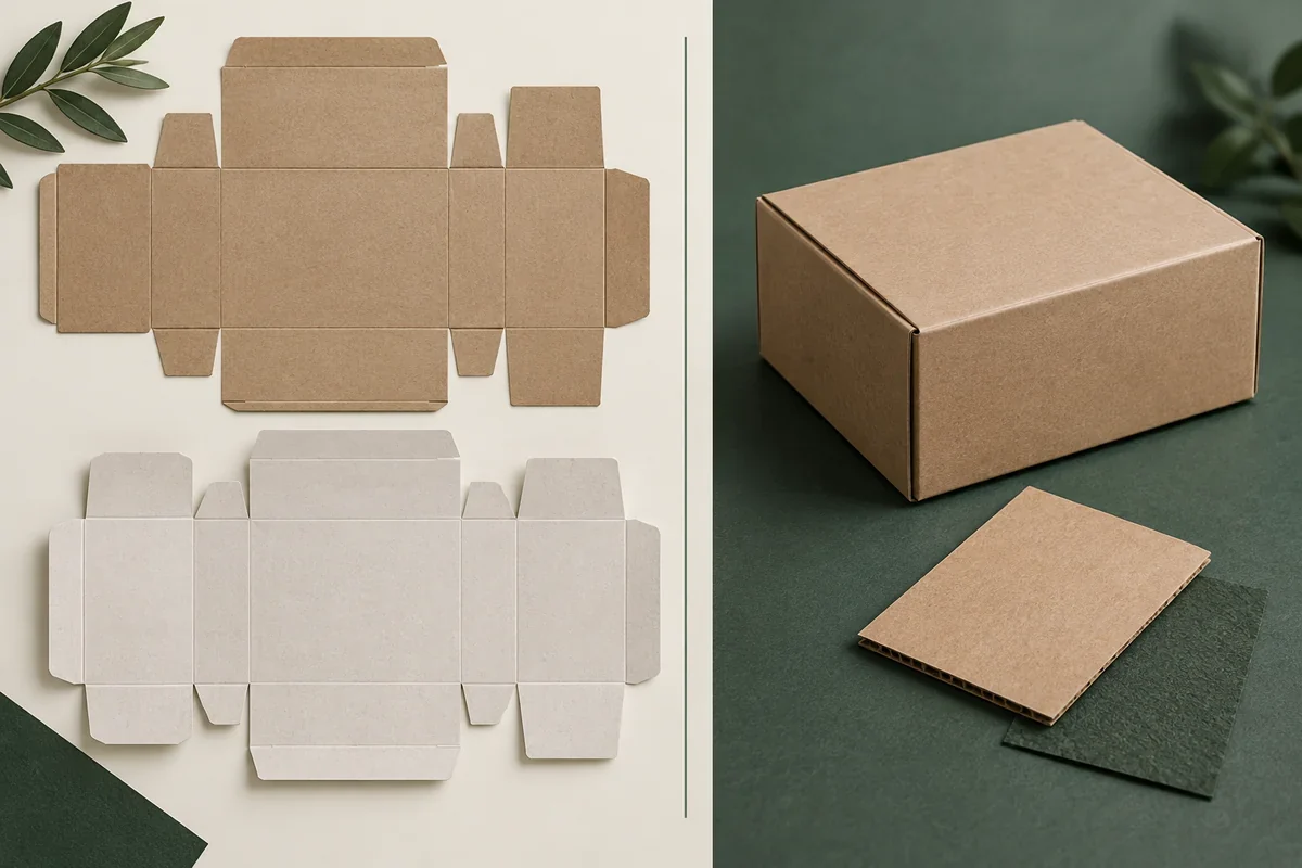 Two unprinted flat carton-outline concepts beside an assembled kraft box and a corrugated-board swatch.