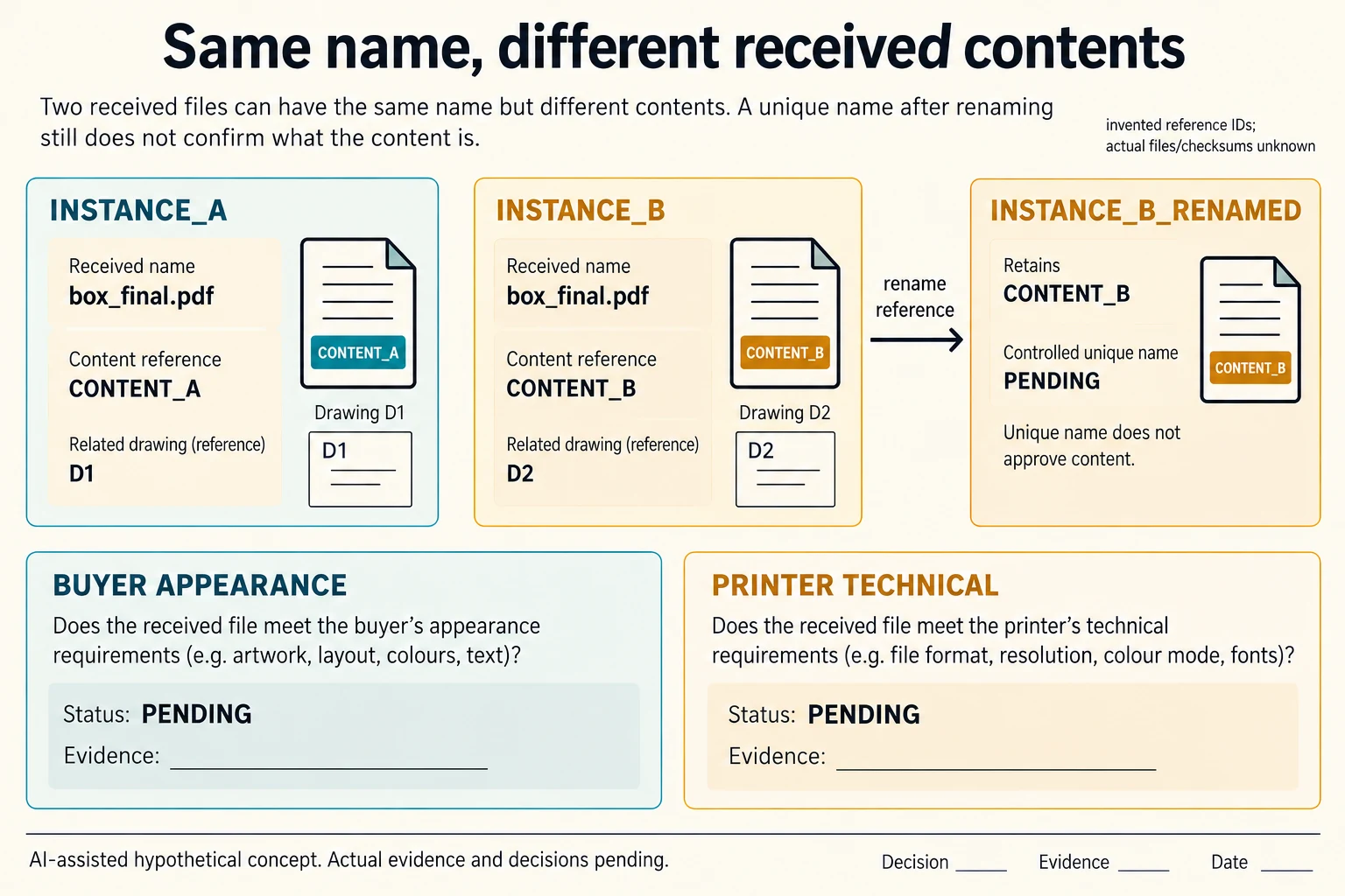 Two invented file instances share box_final.pdf but refer to different contents and drawings; renaming leaves approval open.