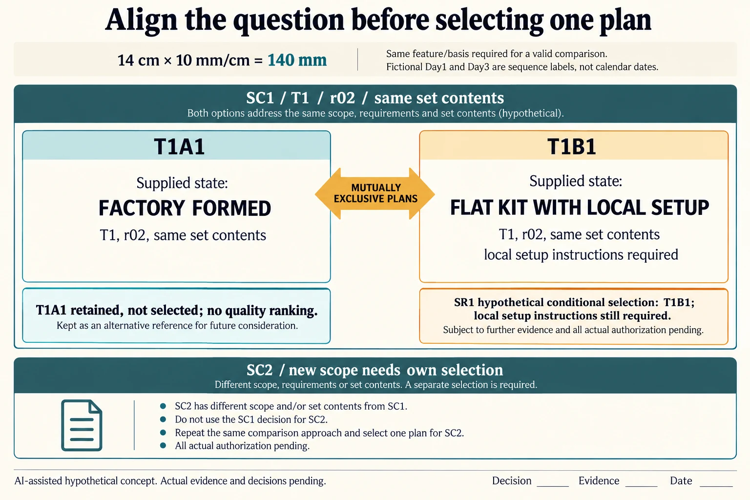 One unit conversion and two aligned alternative T1 supply plans retain their common decision scope and separate instruction gate.
