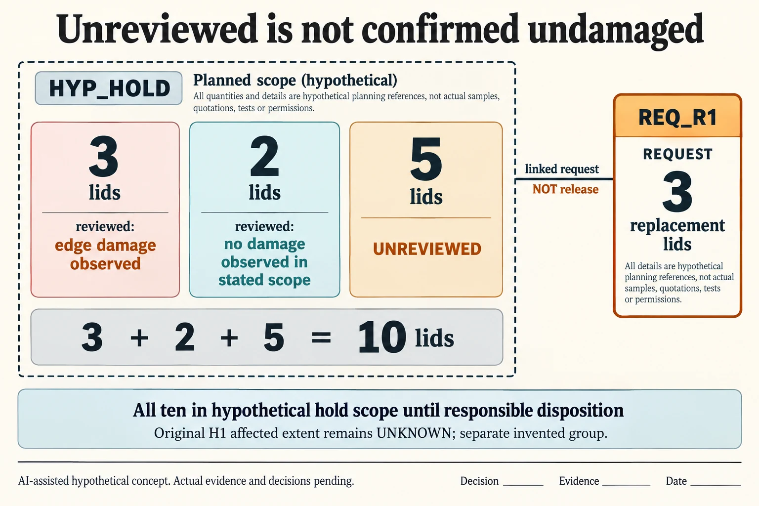 A fictional ten-lid partition counts three with observed damage, two with no damage observed in scope and five unreviewed; all remain in the proposed hold scope.