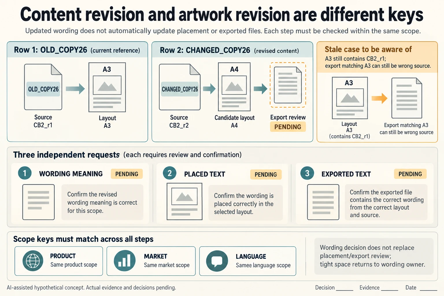 Old and candidate copy/artwork pairings expose stale CB2_r1 in A3 and keep CB2_r2 wording, A4 placement and export review separate.
