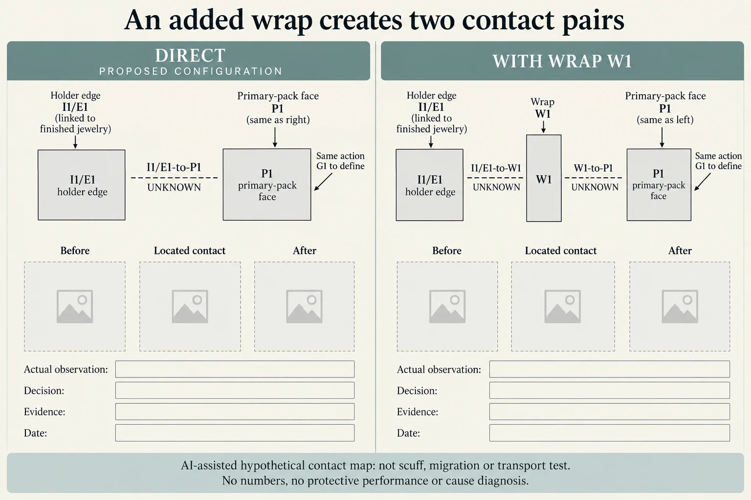 Direct holder-edge contact with primary-pack face P1 becomes two unknown interfaces through added wrap W1 while the product face remains the same
