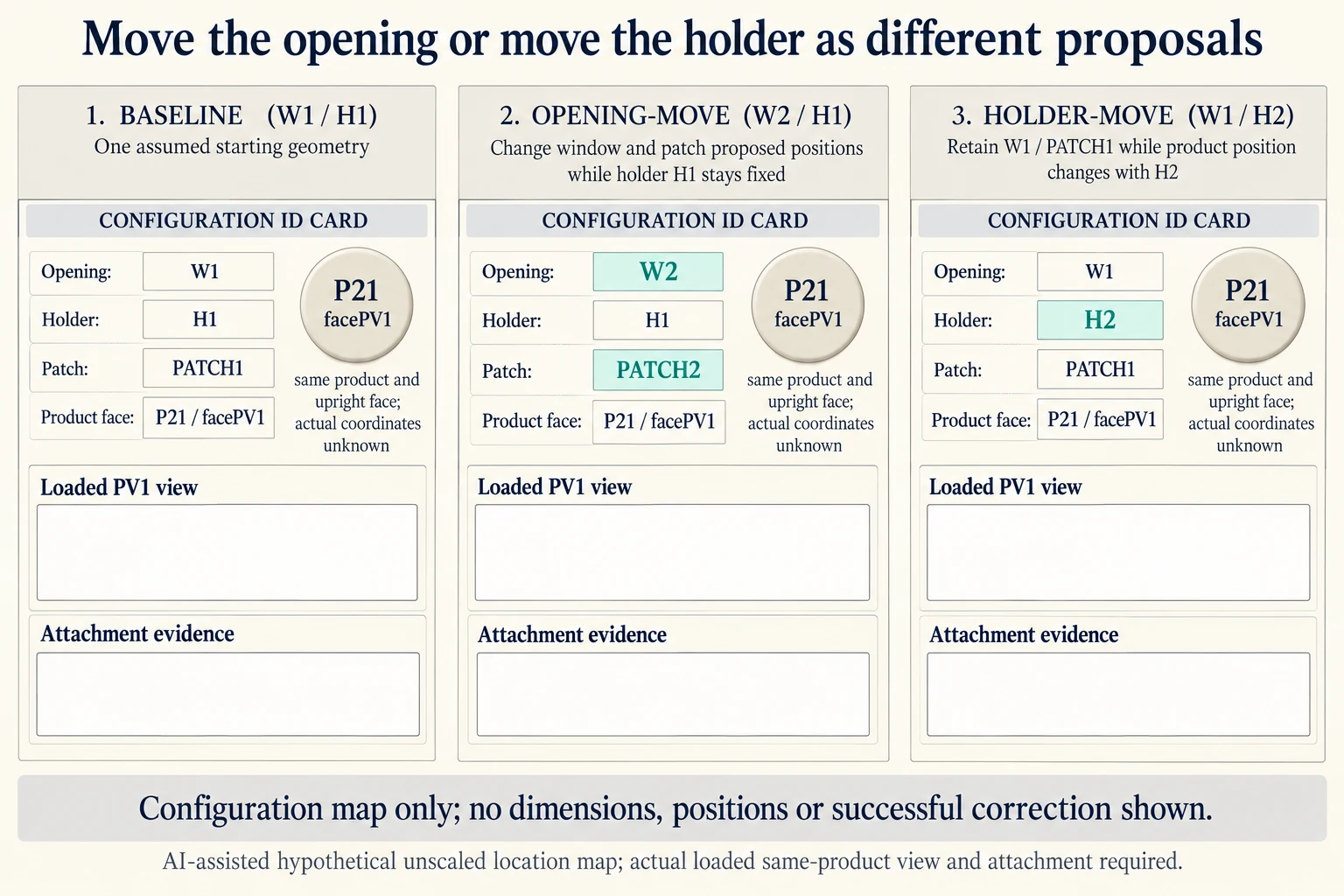 Three configuration cards keep W1 H1 PATCH1 versus W2 H1 PATCH2 versus W1 H2 PATCH1 distinct for the same P21 face PV1
