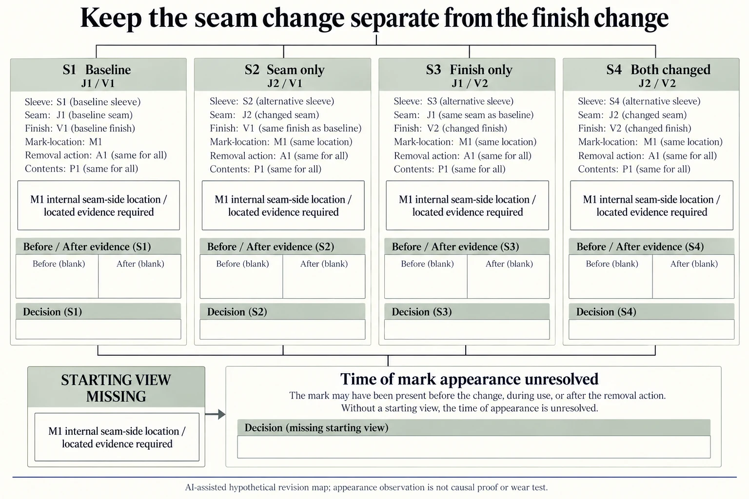 S1 baseline J1 V1 is compared with seam-only S2 finish-only S3 and combined S4 under the same A1 action and contents, with missing-start evidence separate