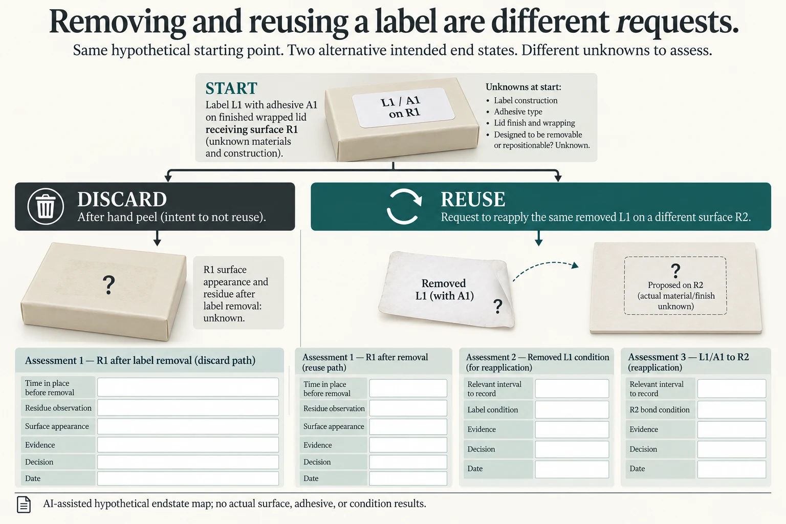 Same L1 on R1 branches to discard or proposed reuse on R2, keeping source residue surface appearance removed-label condition and reapplication bond independent