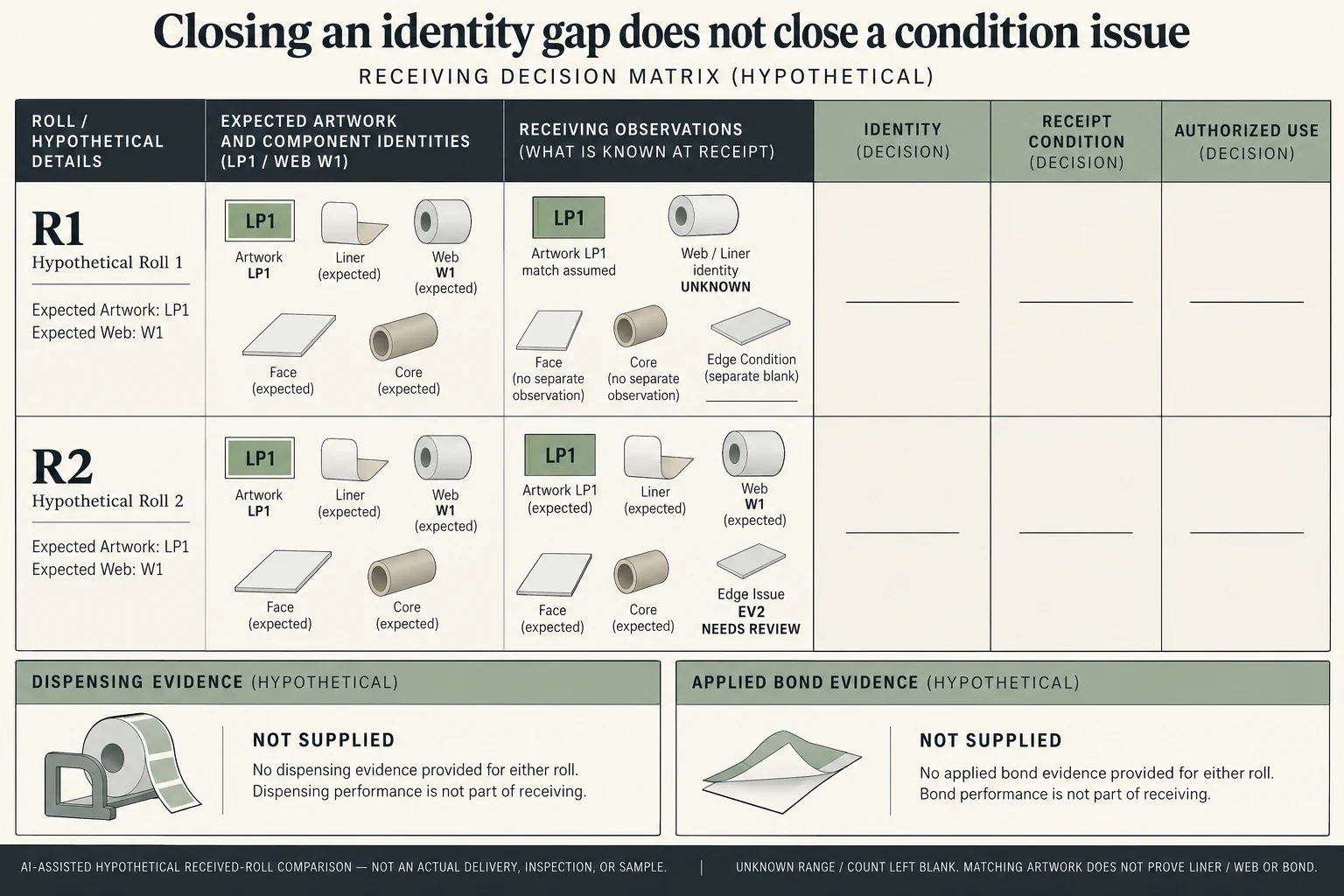 Two hypothetical rolls have separate identity condition and authorized-use records; dispensing and applied-bond evidence remain separate and not supplied