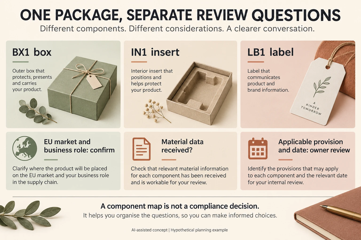 Hypothetical BX 1 box IN 1 insert and LB 1 label map separates component data from EU business-role and provision-date review