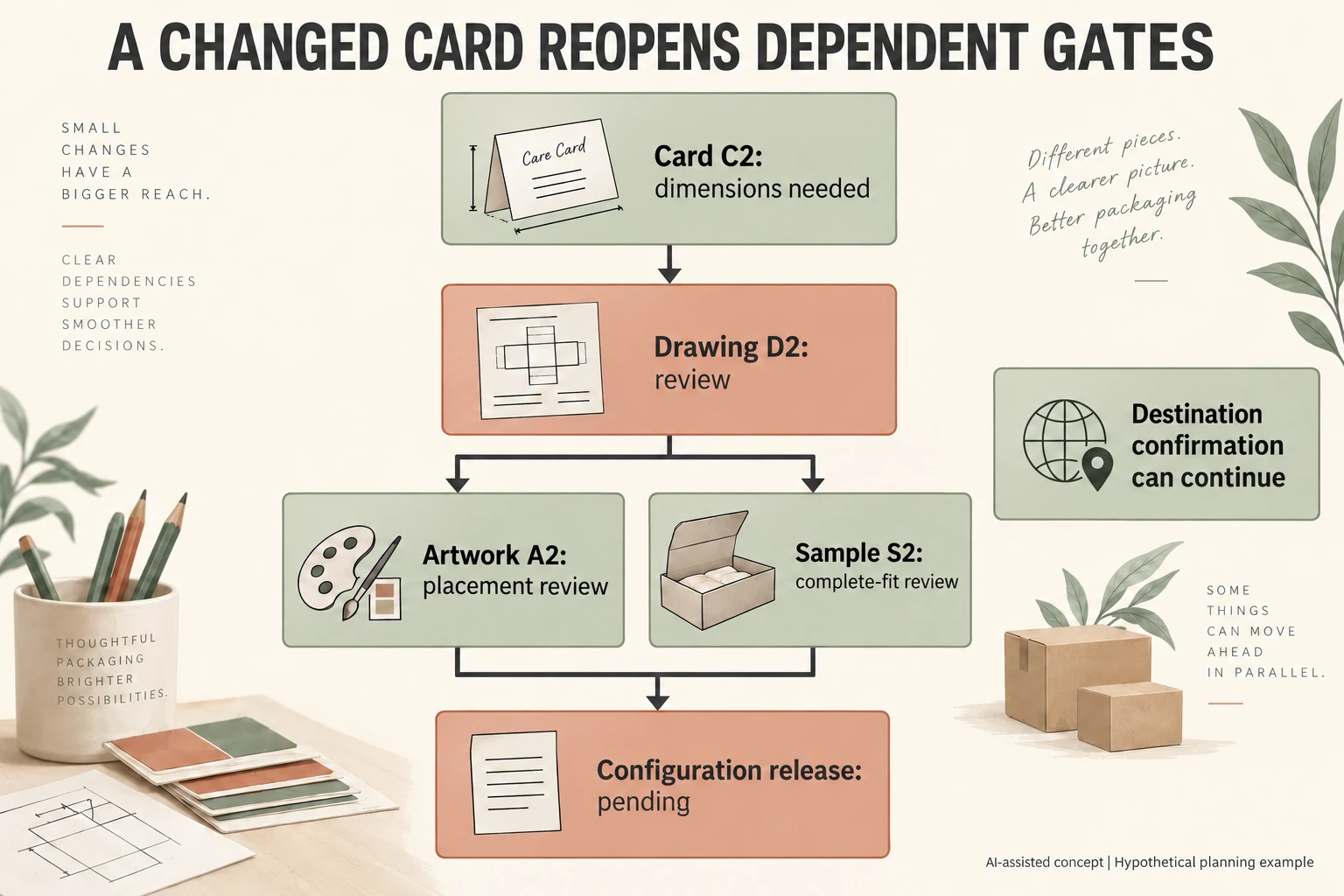 Hypothetical care card C 2 feeds D 2 drawing then A 2 artwork and S 2 sample reviews before pending release with destination work separate