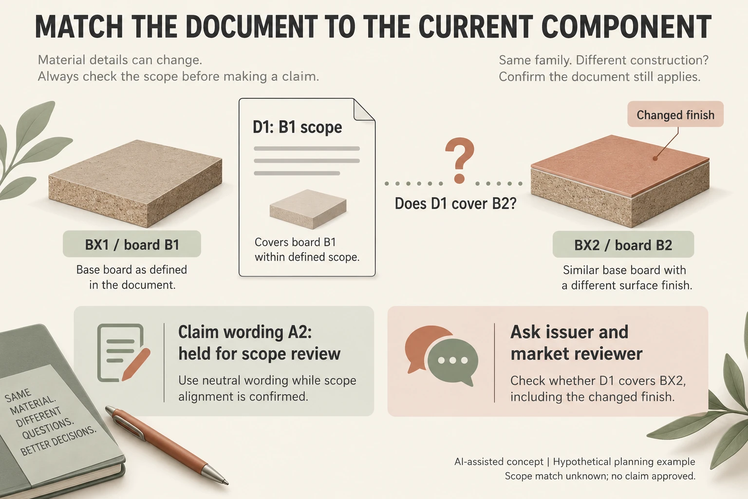 Fictional D 1 for B 1 is compared with BX 2 B 2 and changed finish while A 2 claim wording stays held for scope review