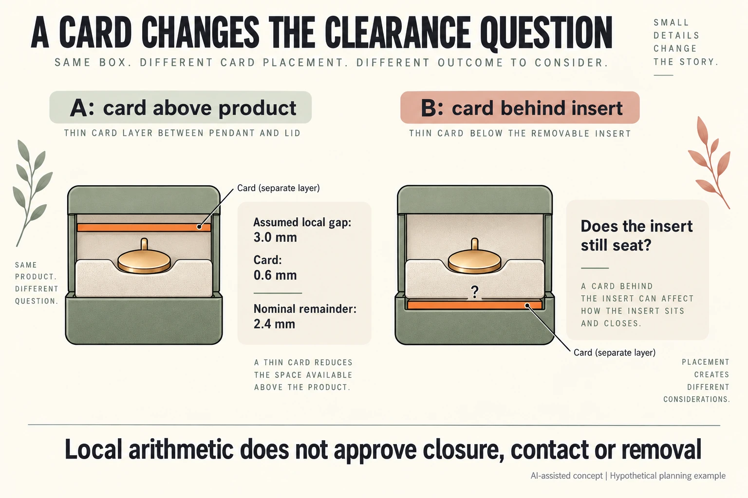 Non-scale closed-box sections compare a card above the pendant with one below the insert and conditional 3.0 minus 0.6 equals 2.4 mm local gap arithmetic