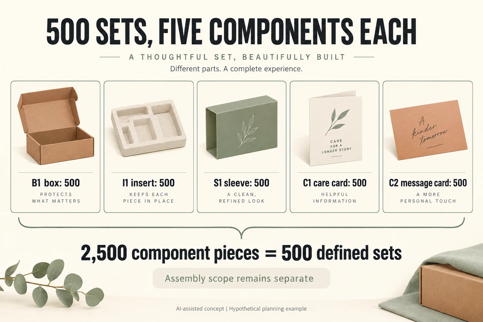 Five symbolic components each need 500 pieces giving 2500 component pieces for 500 defined sets with assembly separate