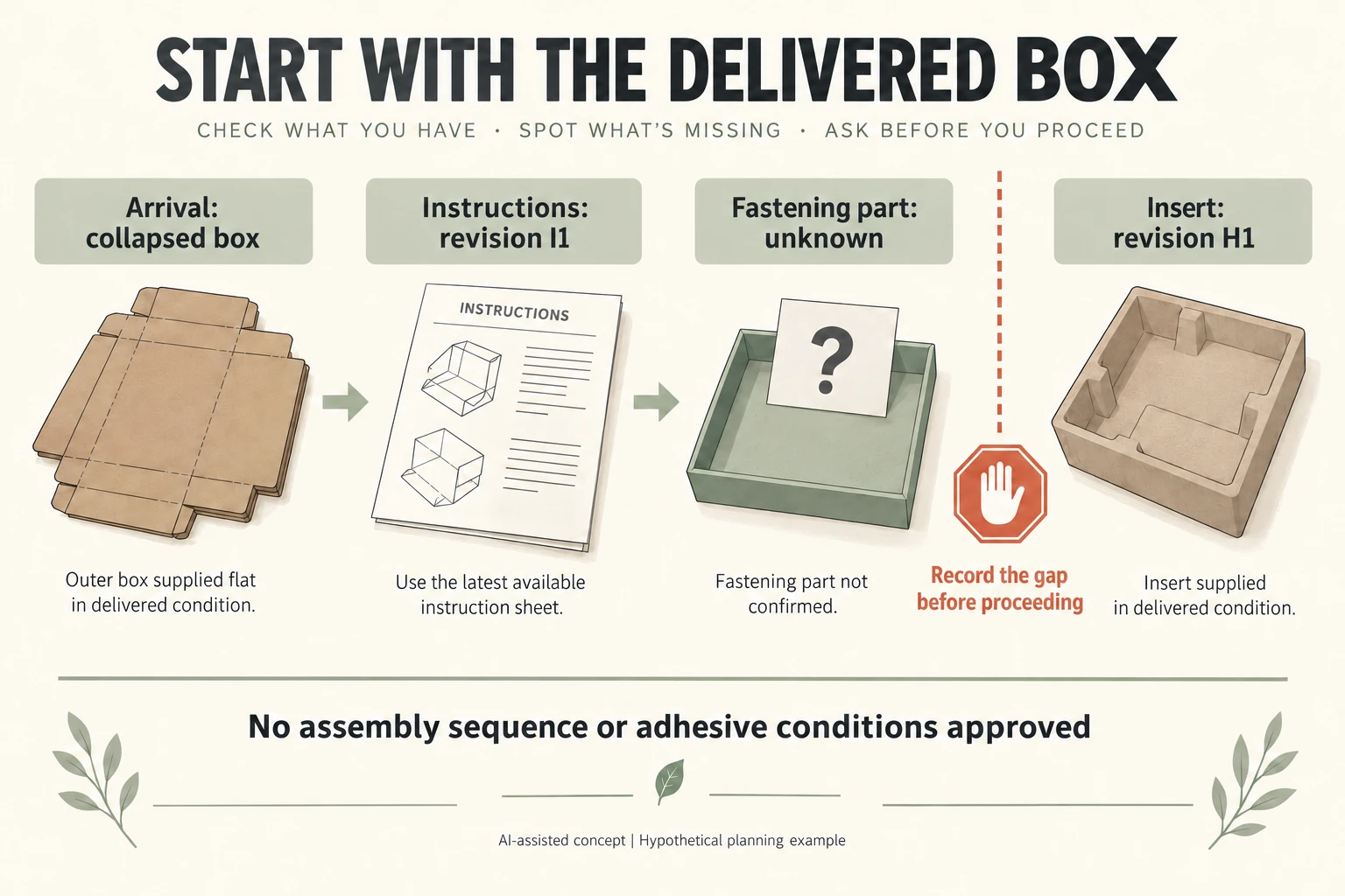 Collapsed box B 1 instruction I 1 an empty unknown fastening tray and insert H 1 show an unresolved assembly gap