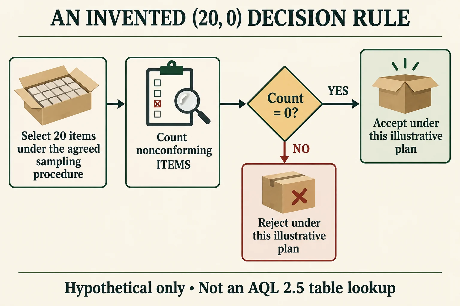 An invented 20-item zero-acceptance-number flow branches to acceptance only at zero nonconforming items and rejection otherwise.