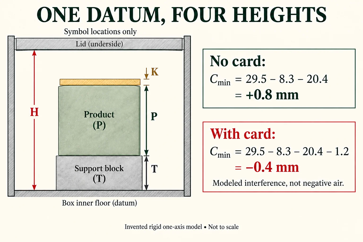 Common inner-floor datum identifies H lid underside, T seated support, P installed product and K card layer beside hypothetical minimum-gap equations.