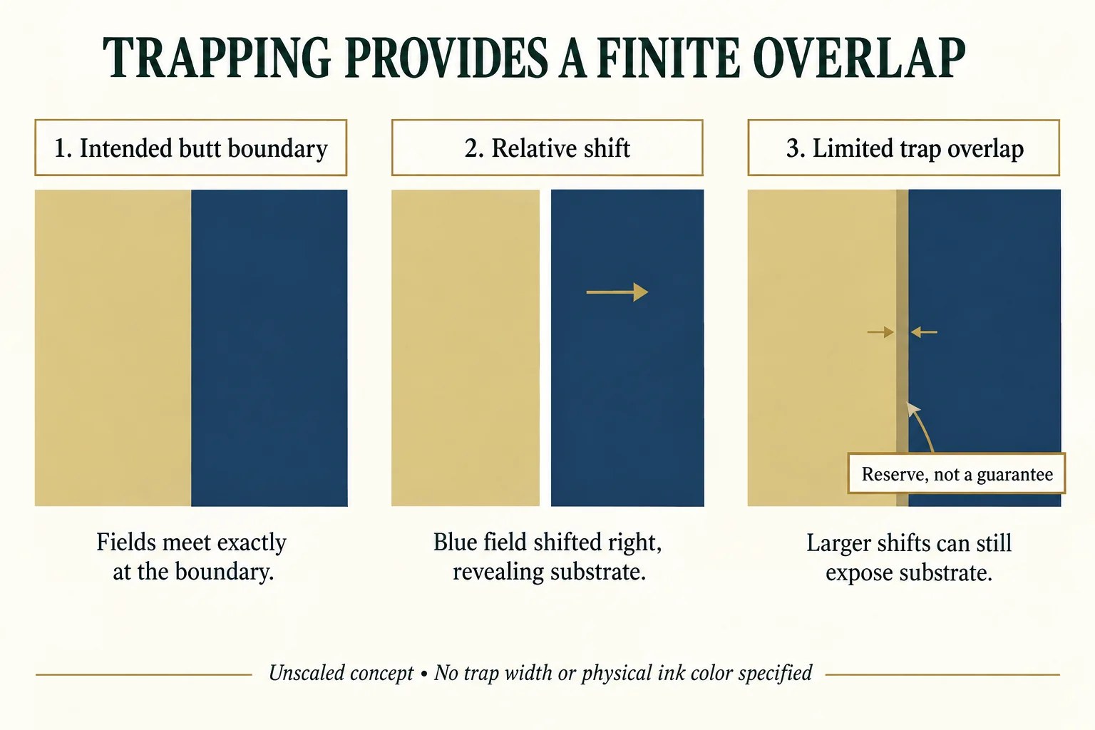 Intended adjacent color fields, a shifted exposed substrate gap and a finite highlighted trap overlap shown as three schematic states.
