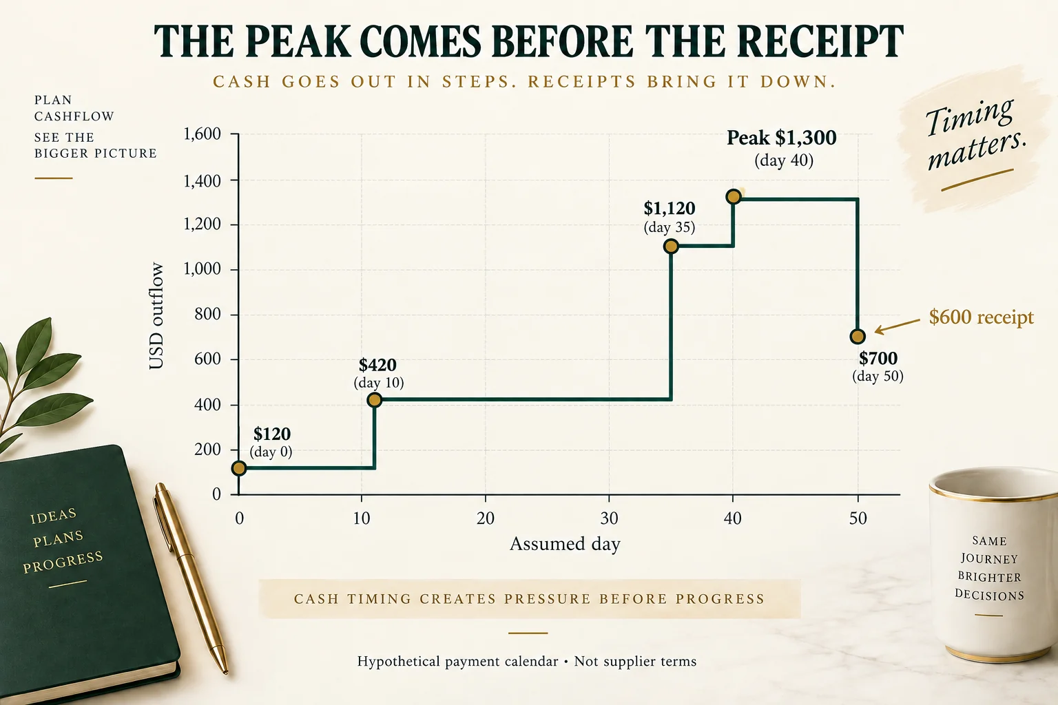 Hypothetical cumulative net outflow rises through USD 120, 420, 1120 and 1300 before a USD 600 receipt lowers it to USD 700 at assumed day 50.