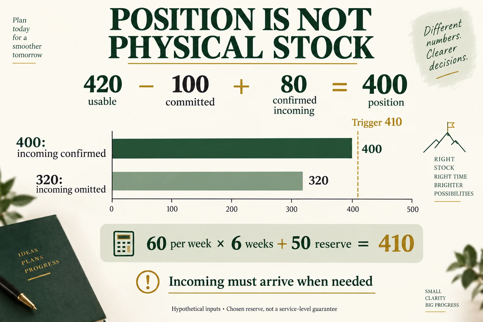 Hypothetical positions of 400 with confirmed incoming and 320 without it both lie below a 410 reorder trigger.