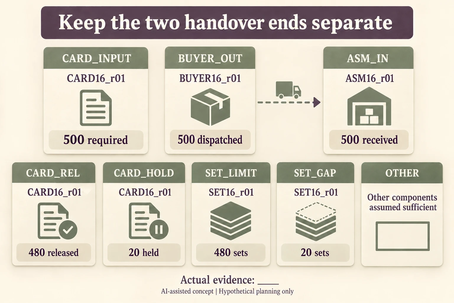 Buyer dispatch assembler receipt released cards held cards complete-set capacity and unresolved gap are separate scopes