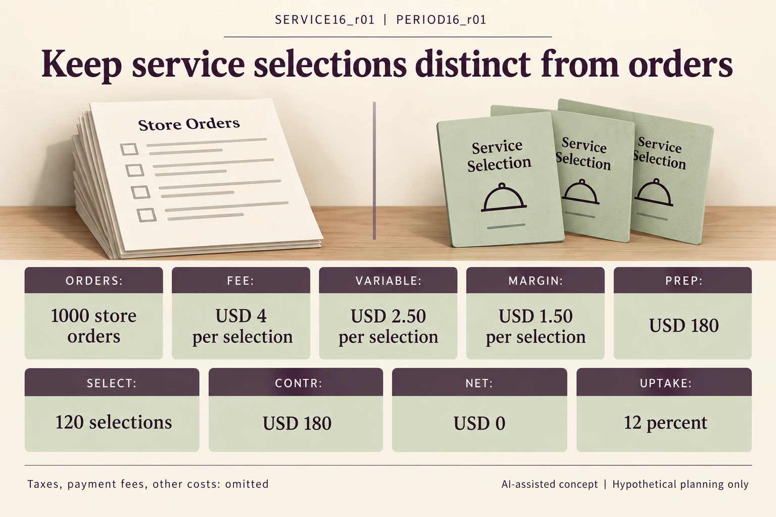 ORDERS FEE VARIABLE MARGIN PREP SELECT CONTR NET and UPTAKE retain each denominator and cost scope independently