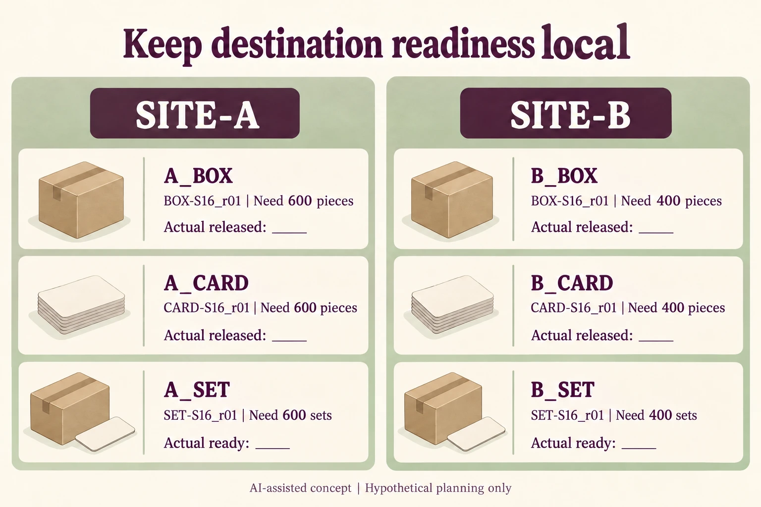 SiteA600 and SiteB400 each have independent box card and complete-set readiness scopes with actual quantities blank