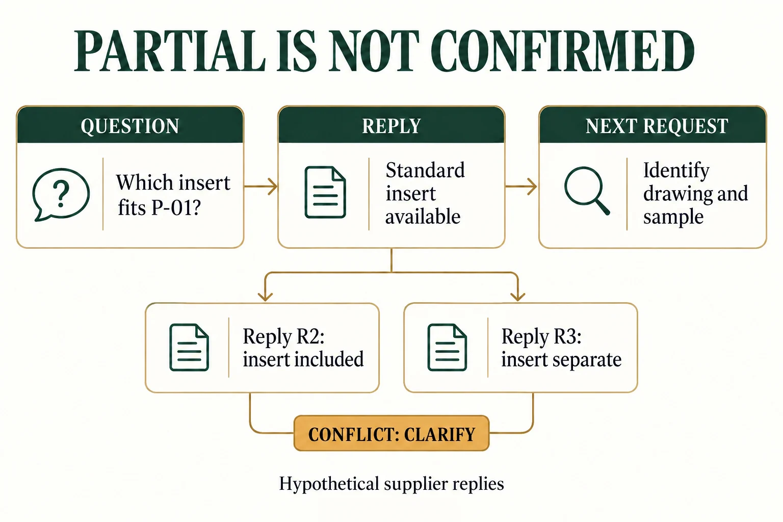 A partial insert reply leads to a drawing request; contradictory included versus separate replies remain a clarification conflict.