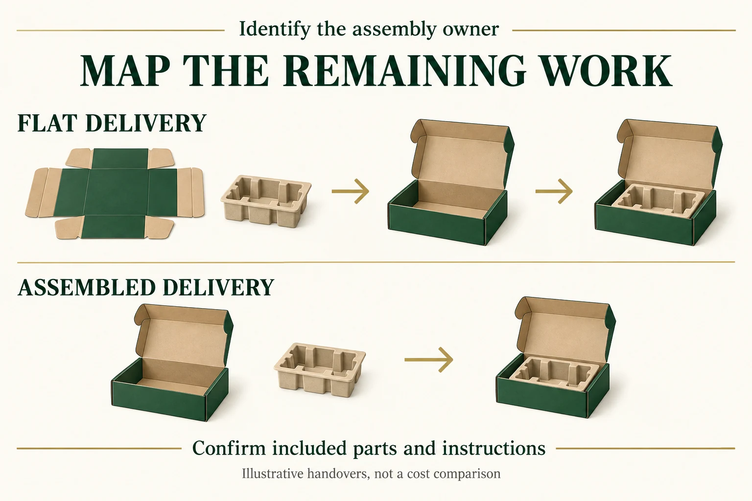 Flat and assembled box delivery concepts identify different forming and insert-fitting tasks before the usable package.