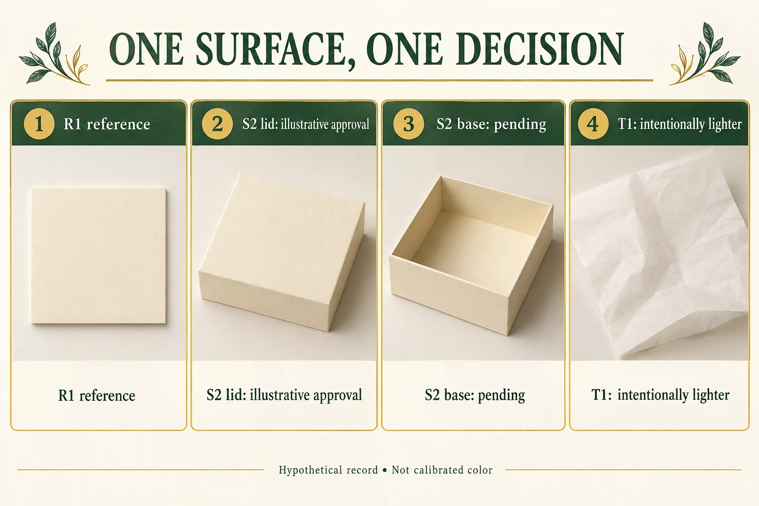 Hypothetical physical reference R1, S2 lid decision, pending S2 base and intentionally lighter T1 tissue remain separate.