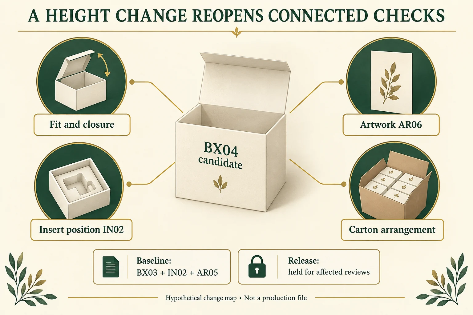 Hypothetical BX04 height change connects fit and closure, AR06 artwork, IN02 insert position and carton review while release stays held.