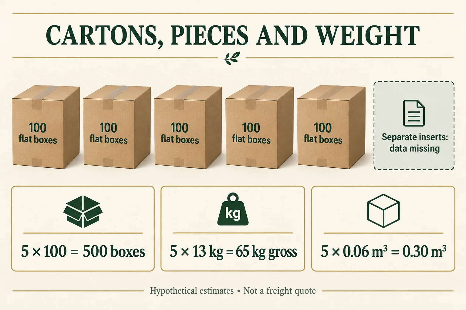 Five symbolic cartons each contain 100 flat boxes; separate insert data is missing and estimated box totals remain a partial shipment.