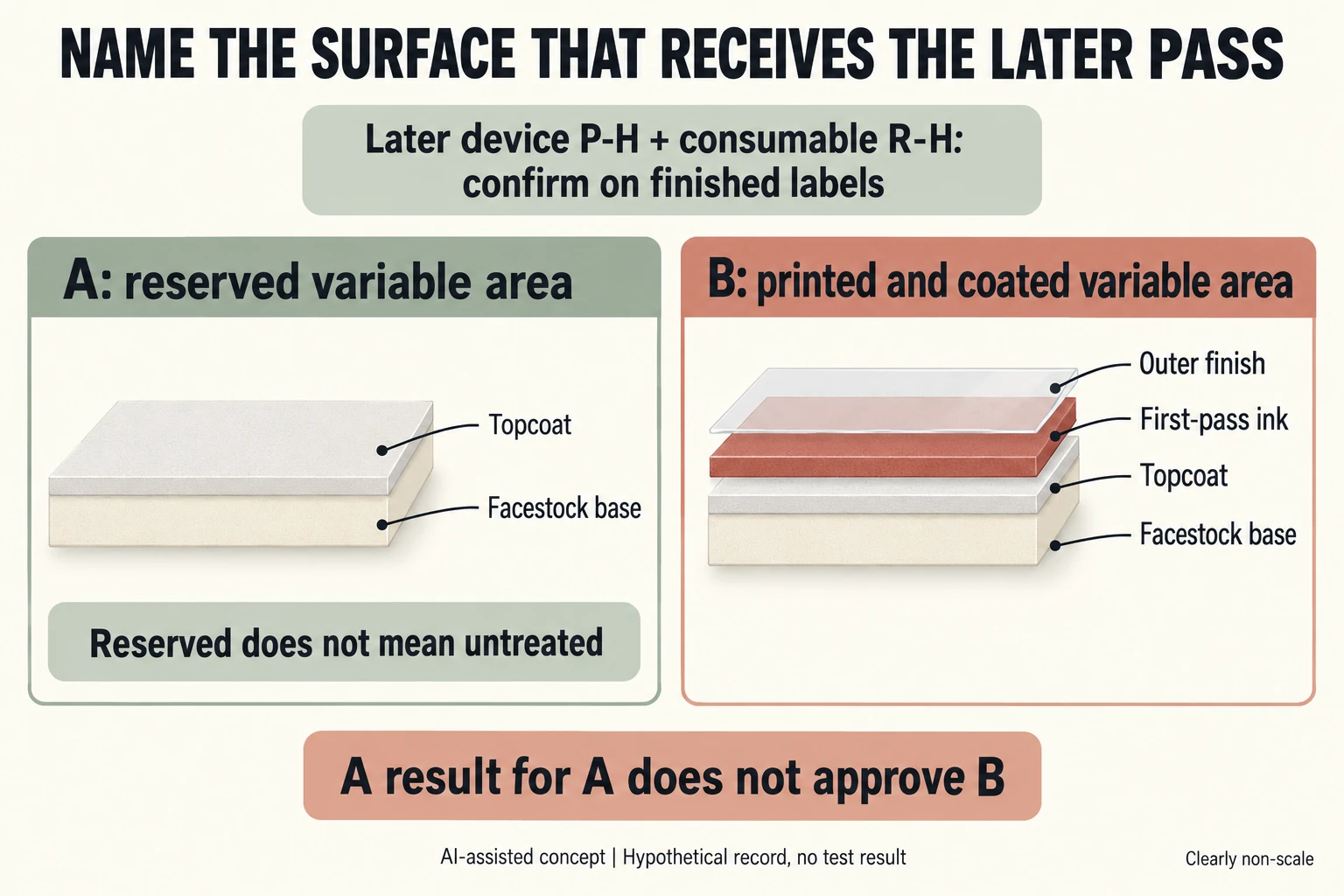 A reserved topcoated variable area differs from B first-ink and outer-finish stack while later device P-H consumable R-H remain separate confirmations