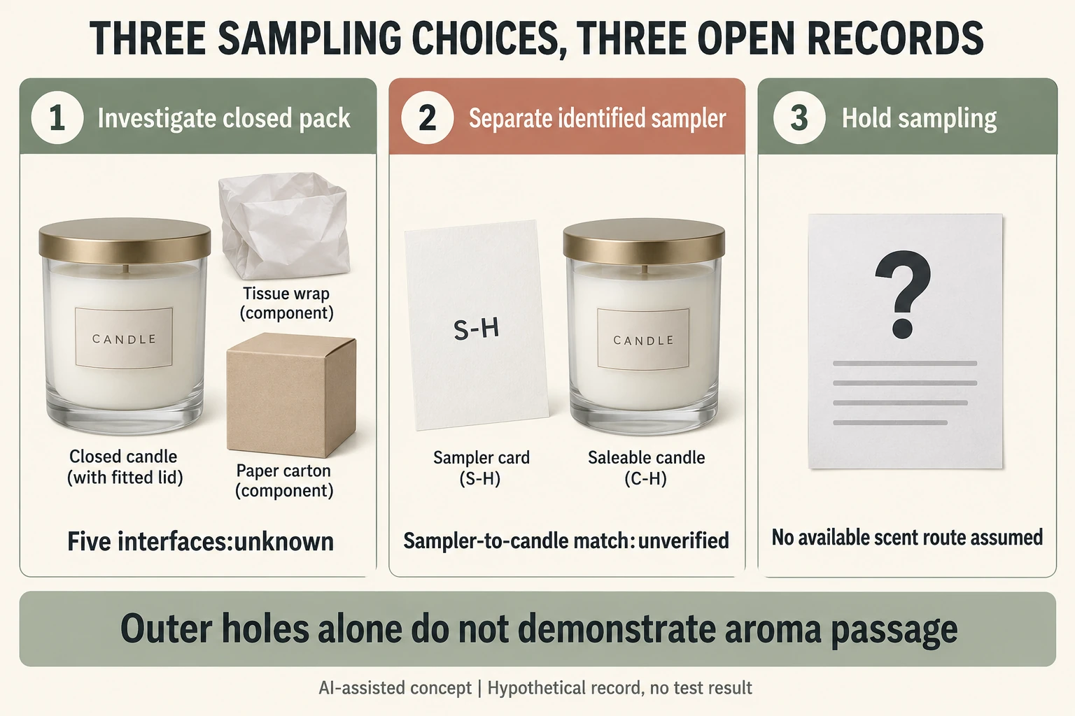 Three open records separate closed C-H candle components from proposed sampler S-H and a hold-sampling option without aroma-passage results