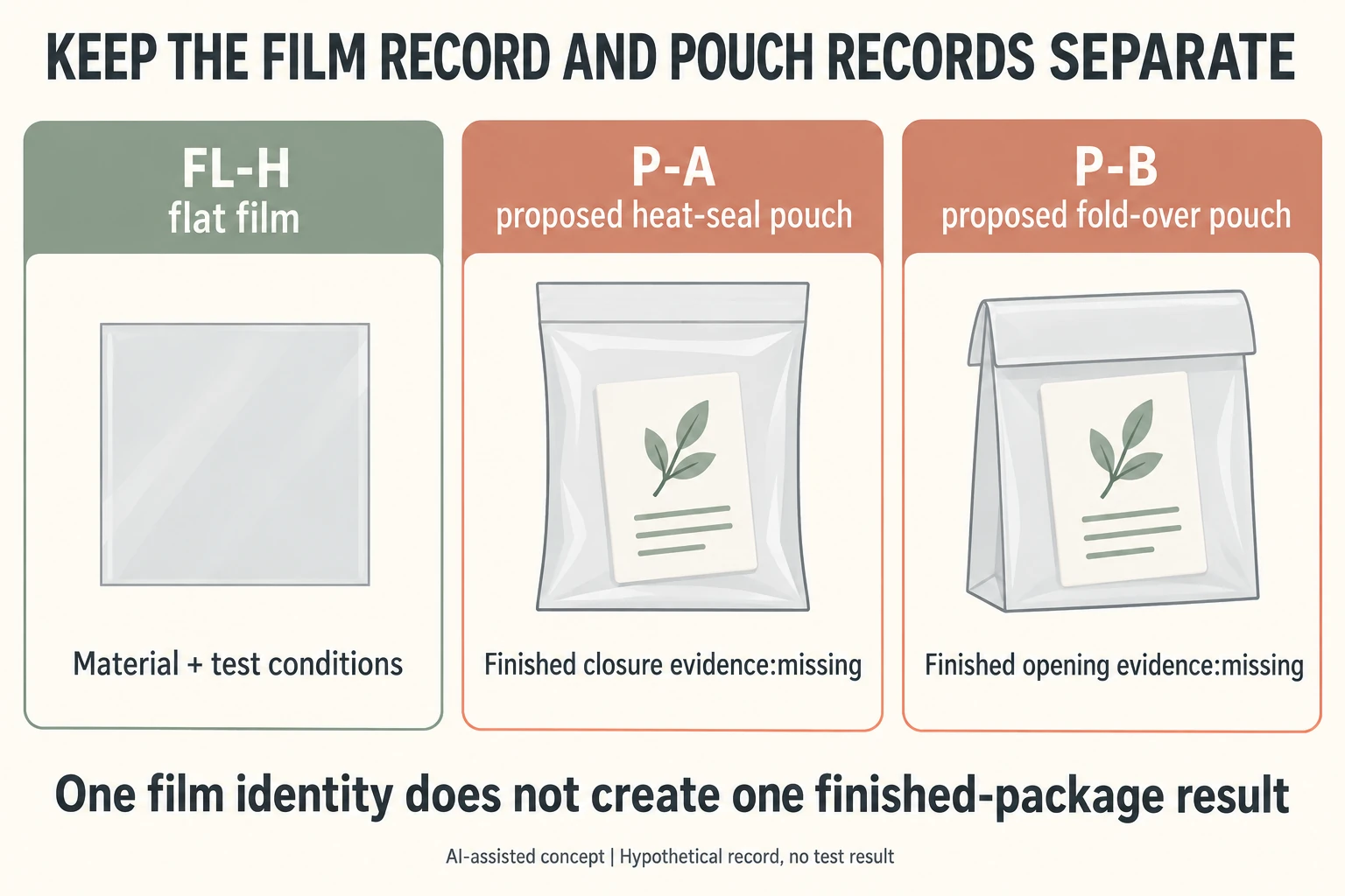 FL-H film record remains separate from unverified P-A heat-seal and P-B fold-over pouch records with identical care-card symbols