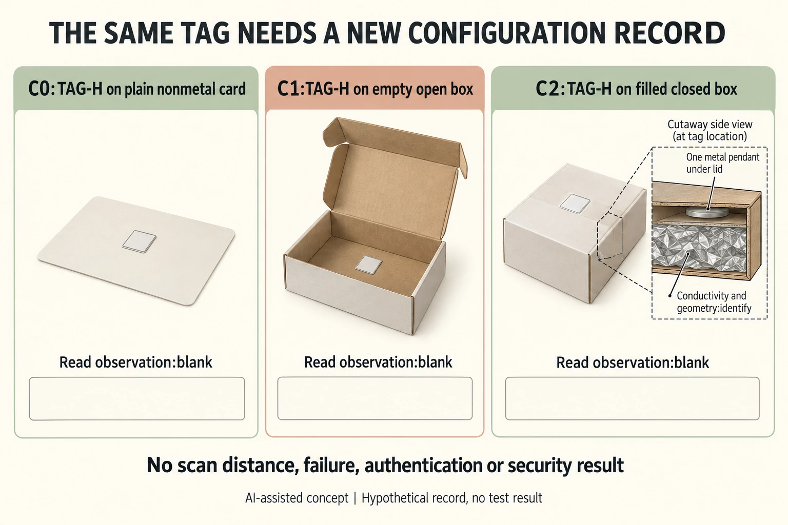 Same TAG-H has separate C0 card C1 empty-open-box and C2 filled-closed-box records with nearby materials unidentified and all reads blank