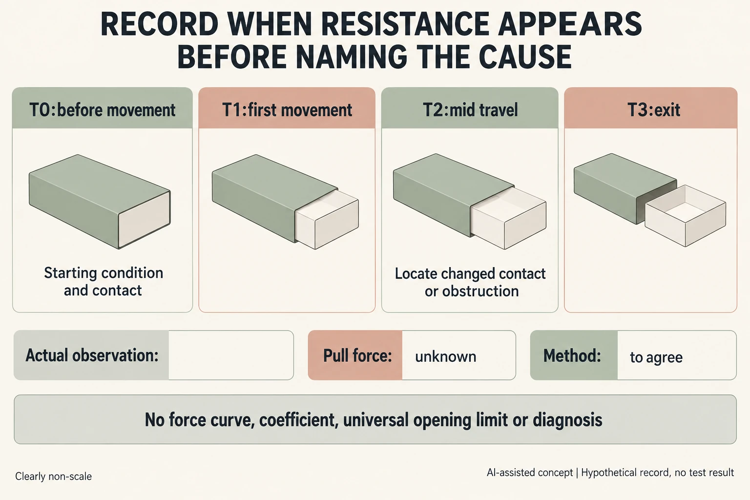 T0 rest T1 first movement T2 mid travel and T3 exit separate actual observations from unknown force and unagreed method without a graph