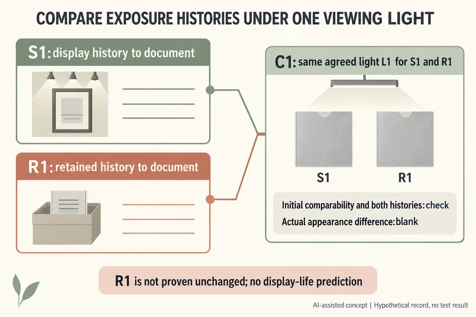 S1 display and R1 retained-history records converge on C1 common viewing light L1 with neutral specimen symbols and actual difference blank