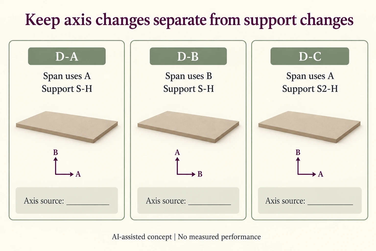 Three hypothetical divider cards distinguish A-to-B span direction from a separate S-H-to-S2-H support revision
